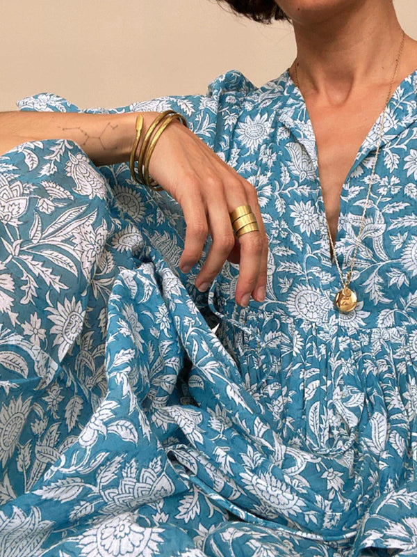 Floral Boho Long Sleeve Dress – High Waist, V-Neck, Lantern Sleeves