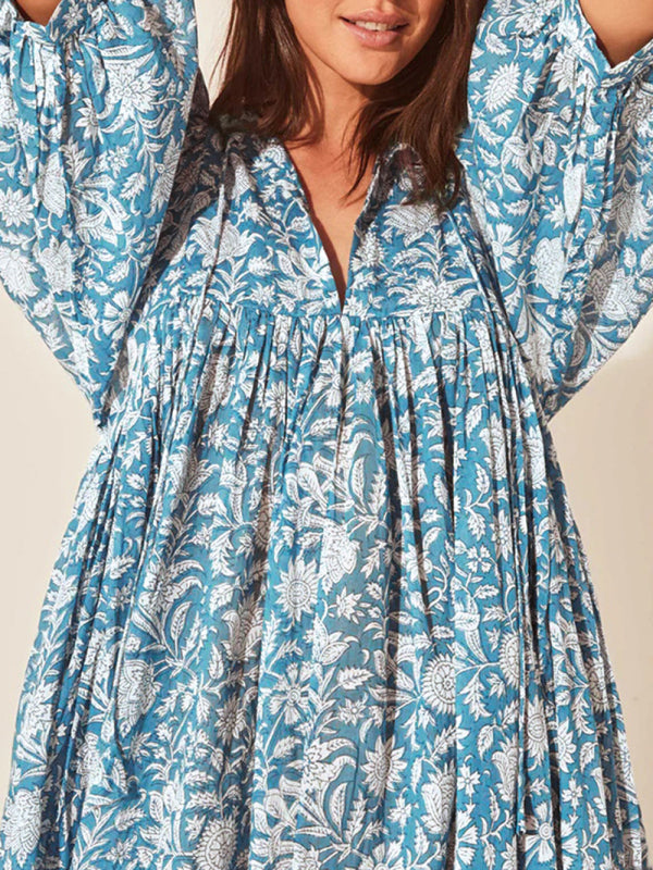 Floral Boho Long Sleeve Dress – High Waist, V-Neck, Lantern Sleeves