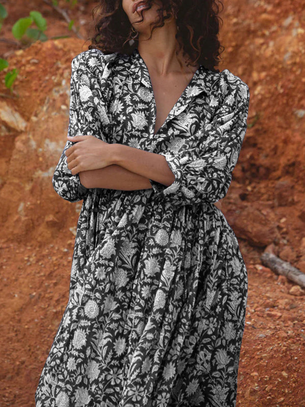 Floral Boho Long Sleeve Dress – High Waist, V-Neck, Lantern Sleeves