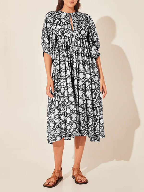 Floral Boho Long Sleeve Dress – High Waist, V-Neck, Lantern Sleeves