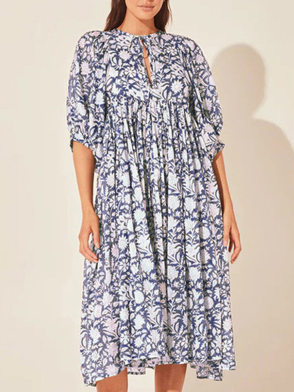 Floral Boho Long Sleeve Dress – High Waist, V-Neck, Lantern Sleeves