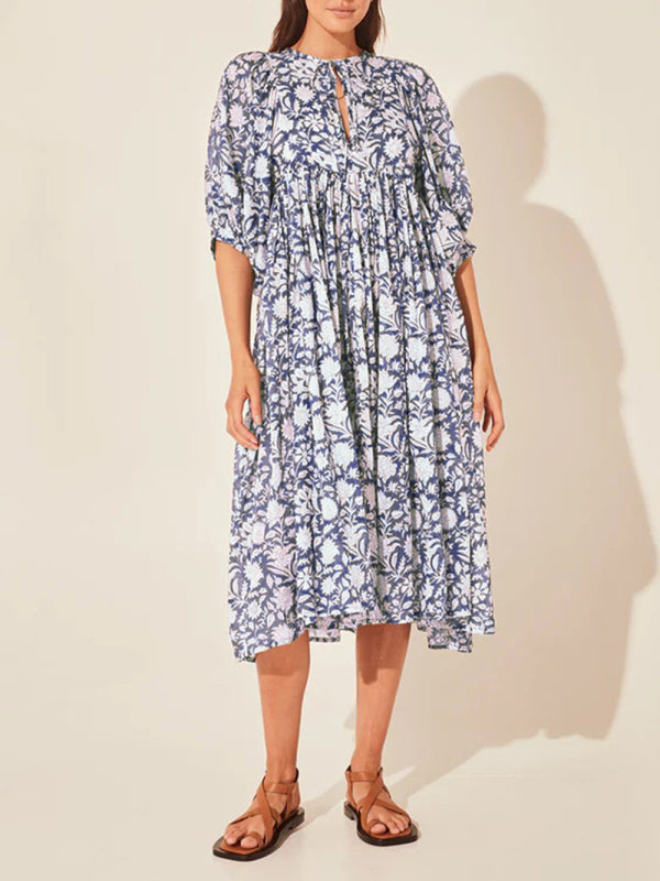 Floral Boho Long Sleeve Dress – High Waist, V-Neck, Lantern Sleeves