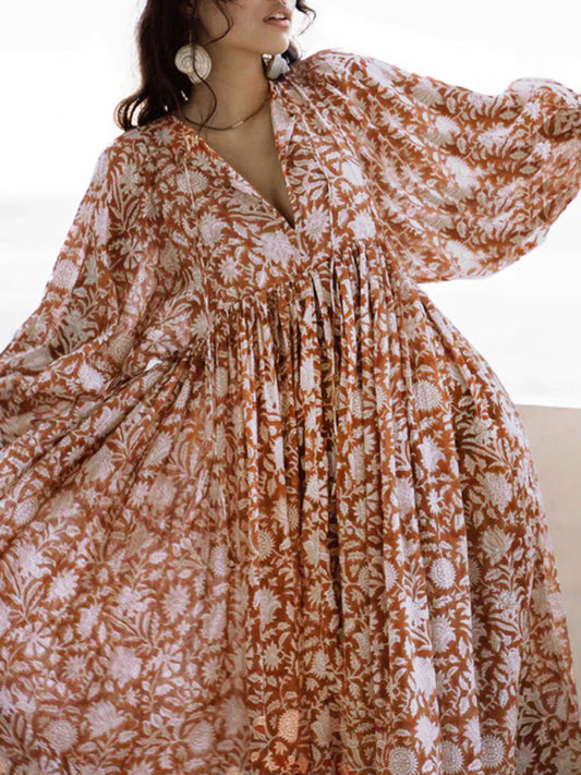 Floral Boho Long Sleeve Dress – High Waist, V-Neck, Lantern Sleeves