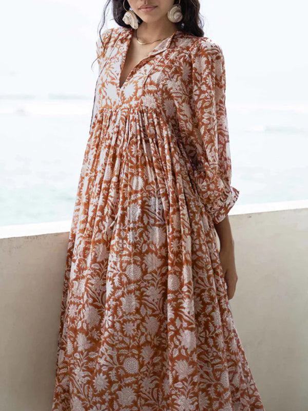 Floral Boho Long Sleeve Dress – High Waist, V-Neck, Lantern Sleeves