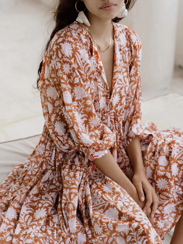 Floral Boho Long Sleeve Dress – High Waist, V-Neck, Lantern Sleeves