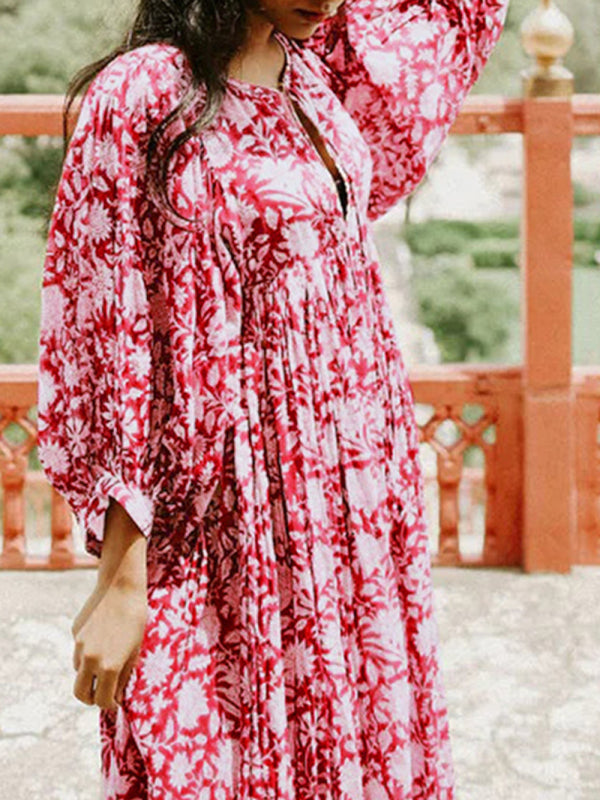 Floral Boho Long Sleeve Dress – High Waist, V-Neck, Lantern Sleeves