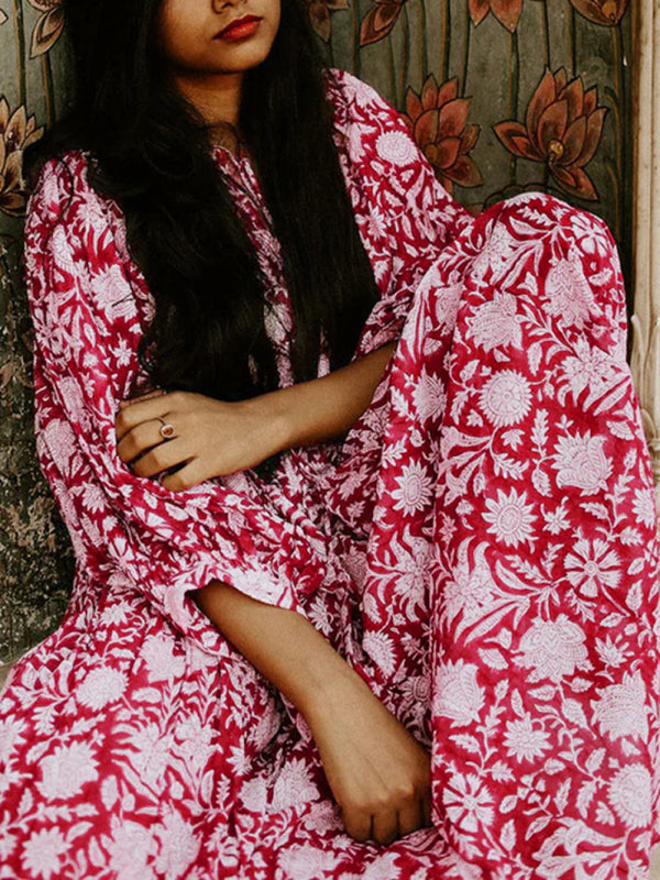 Floral Boho Long Sleeve Dress – High Waist, V-Neck, Lantern Sleeves