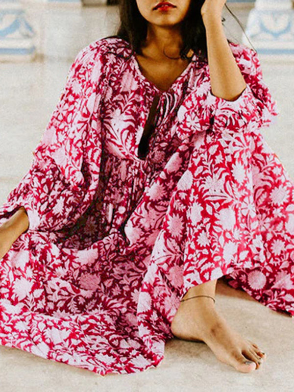 Floral Boho Long Sleeve Dress – High Waist, V-Neck, Lantern Sleeves