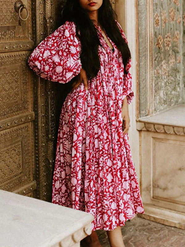 Floral Boho Long Sleeve Dress – High Waist, V-Neck, Lantern Sleeves