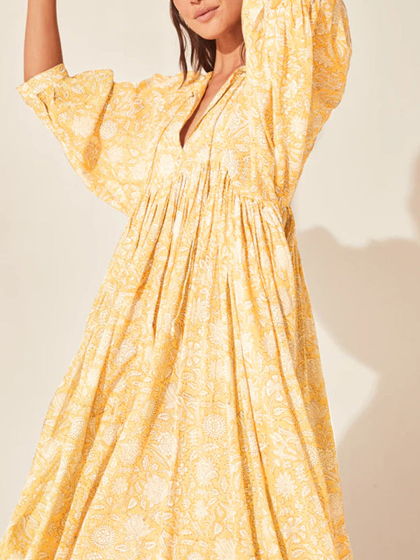 Floral Boho Long Sleeve Dress – High Waist, V-Neck, Lantern Sleeves