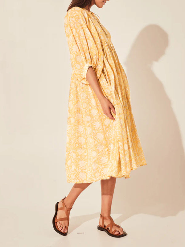 Floral Boho Long Sleeve Dress – High Waist, V-Neck, Lantern Sleeves