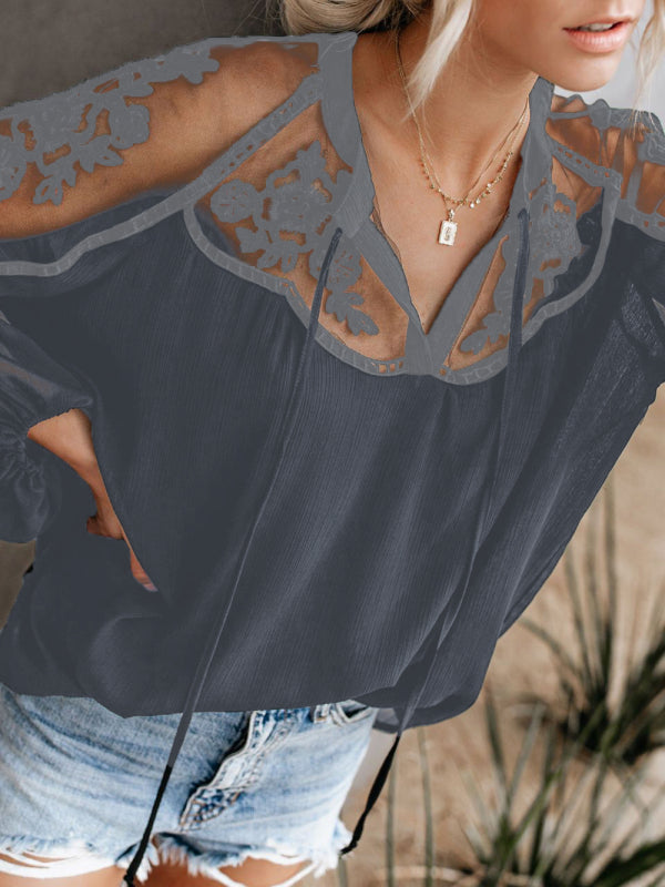Sheer Lace V-Neck Long Sleeve Blouse