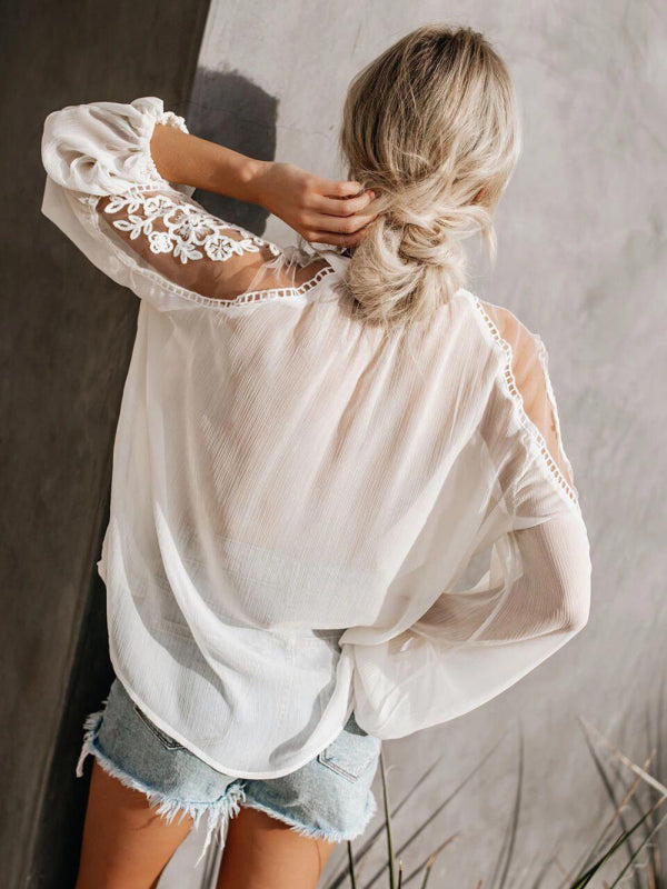 Sheer Lace V-Neck Long Sleeve Blouse