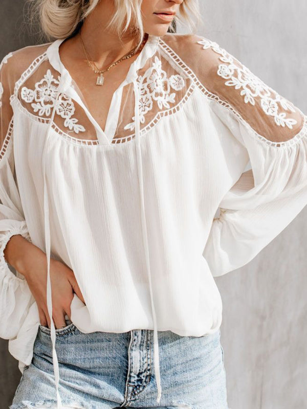 Sheer Lace V-Neck Long Sleeve Blouse