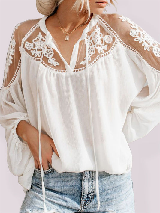 Sheer Lace V-Neck Long Sleeve Blouse