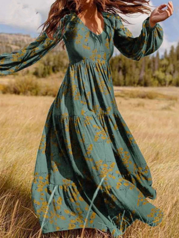 Boho Crinkled Print Maxi Dress – Rayon V-Neck