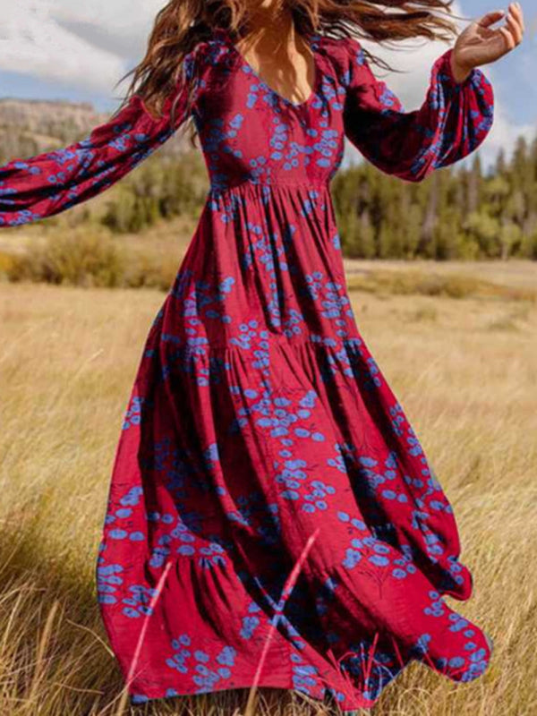 Boho Crinkled Print Maxi Dress – Rayon V-Neck