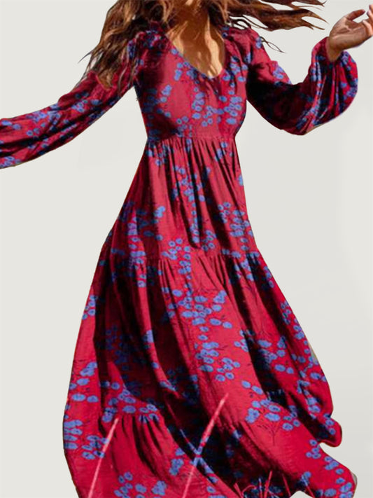 Boho Crinkled Print Maxi Dress – Rayon V-Neck