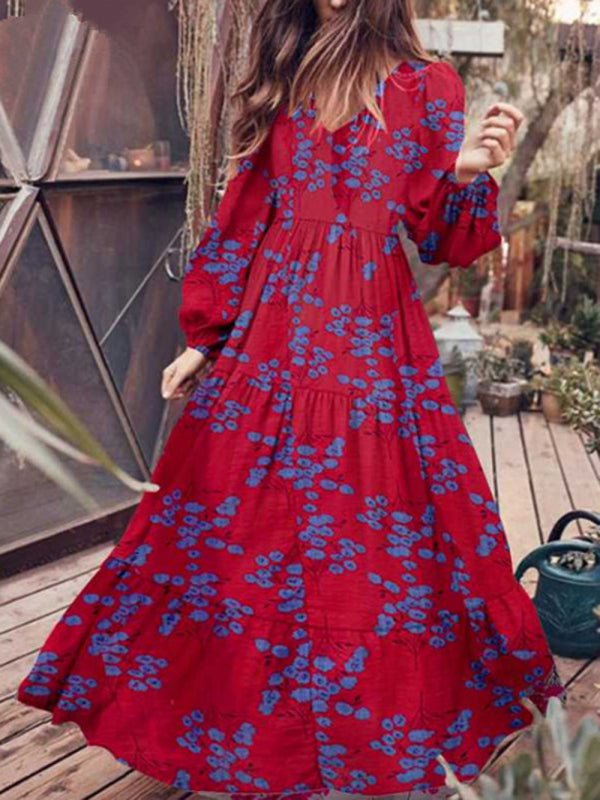 Boho Crinkled Print Maxi Dress – Rayon V-Neck