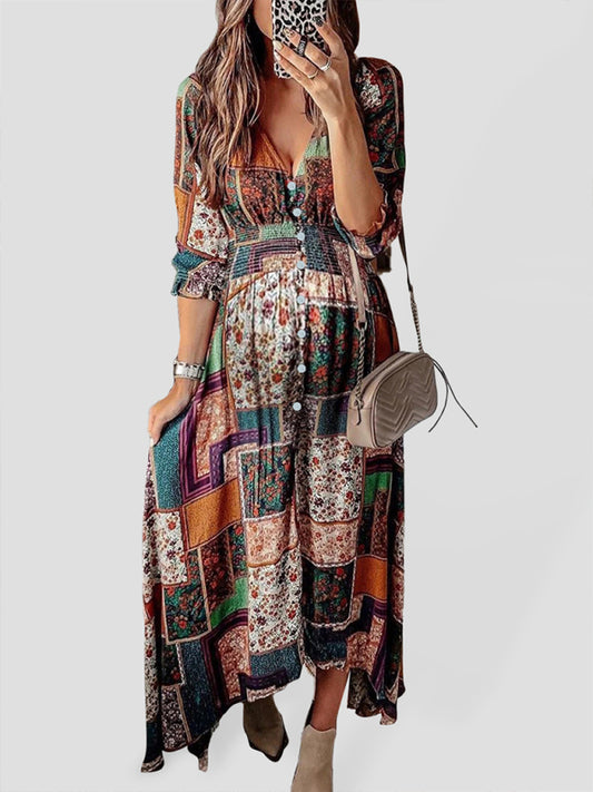 Bohemian V-Neck Long Sleeve Maxi Beach Dress – Earthy Brown Print