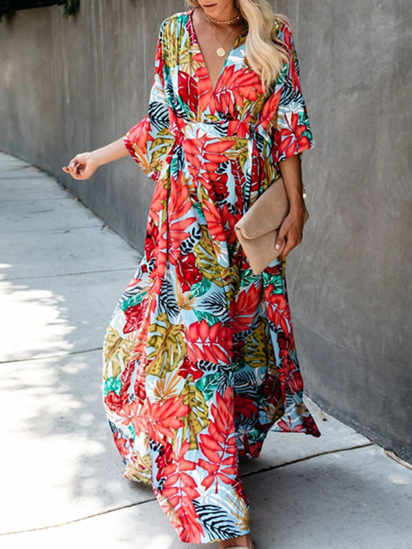 Floral Cotton Beach Cover Up – Flowy V-Neck Robe Dress for Sun Protection
