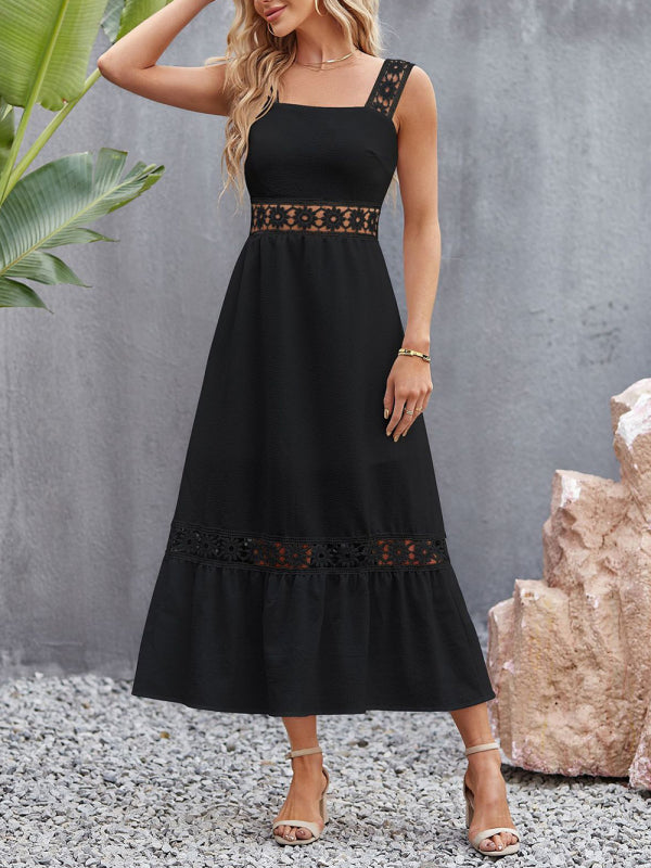 Lace Stitch Square Neck Sleeveless Summer Dress – Flowy Fit, Vacation Ready