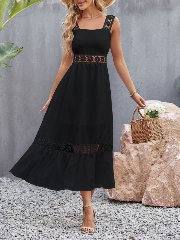 Lace Stitch Square Neck Sleeveless Summer Dress – Flowy Fit, Vacation Ready