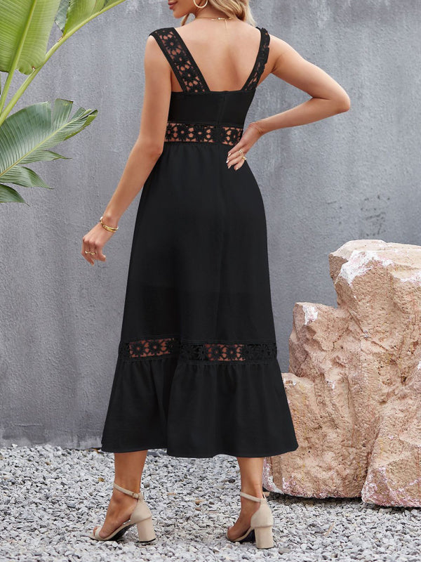 Lace Stitch Square Neck Sleeveless Summer Dress – Flowy Fit, Vacation Ready
