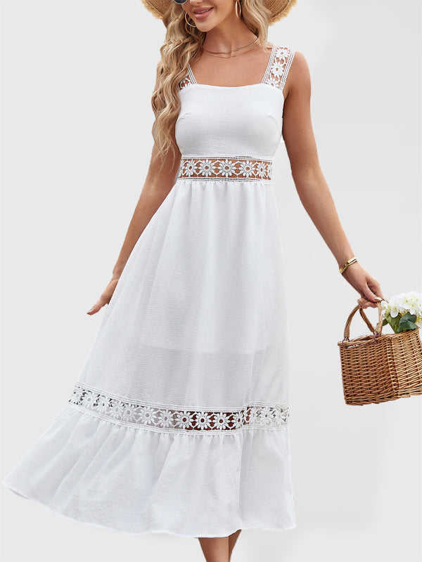 Lace Stitch Square Neck Sleeveless Summer Dress – Flowy Fit, Vacation Ready