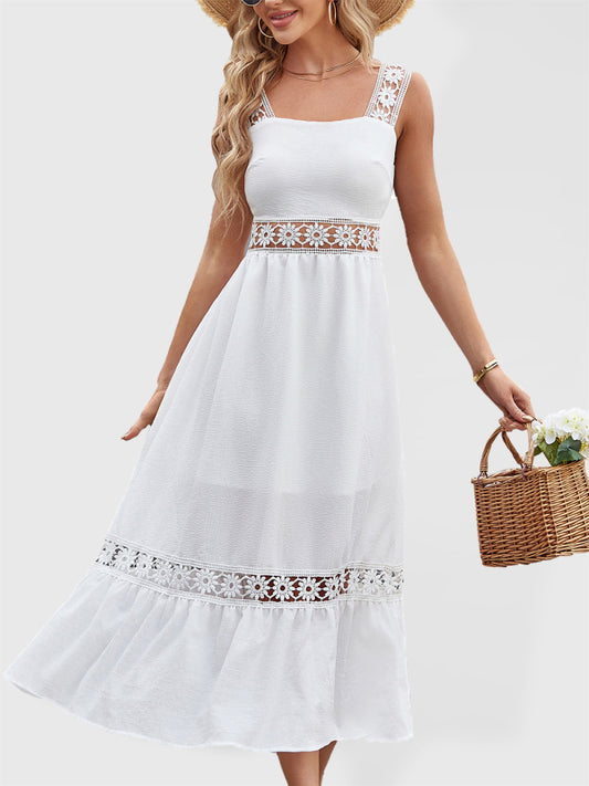 Lace Stitch Square Neck Sleeveless Summer Dress – Flowy Fit, Vacation Ready