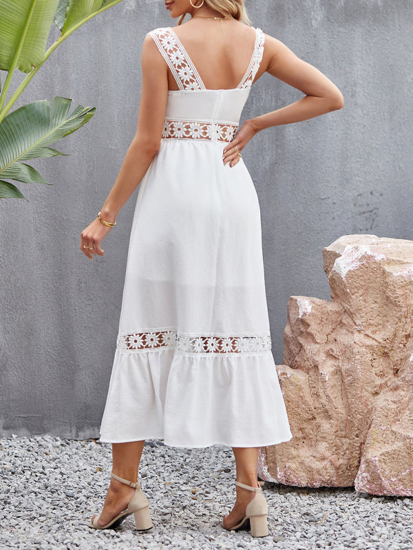 Lace Stitch Square Neck Sleeveless Summer Dress – Flowy Fit, Vacation Ready