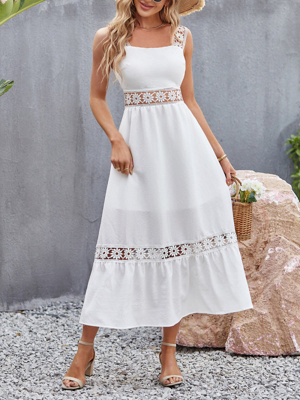 Lace Stitch Square Neck Sleeveless Summer Dress – Flowy Fit, Vacation Ready