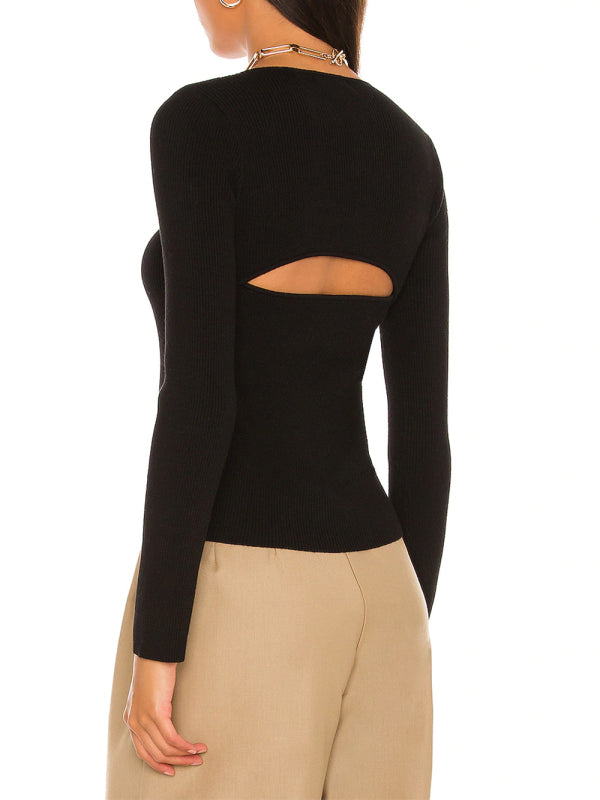 Elegant Hollow Knit V-Neck Blouse – Short Length