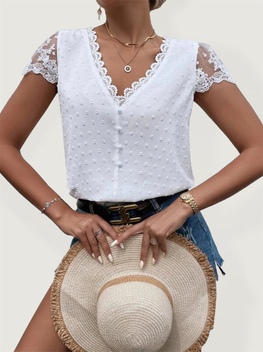 Lace Trim V-Neck Short Sleeve Blouse