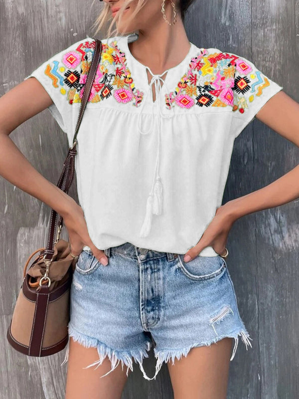 Embroidered Tassel Tie Batwing Sleeve Shirt