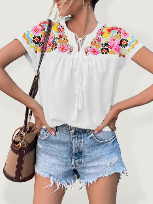 Embroidered Tassel Tie Batwing Sleeve Shirt