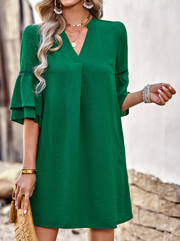 Loose V-Neck Solid Color Dress – Short Sleeve Casual Fit for Spring & Summer