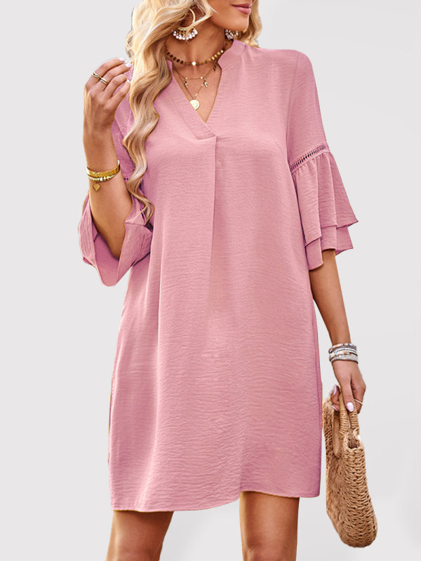 Loose V-Neck Solid Color Dress – Short Sleeve Casual Fit for Spring & Summer
