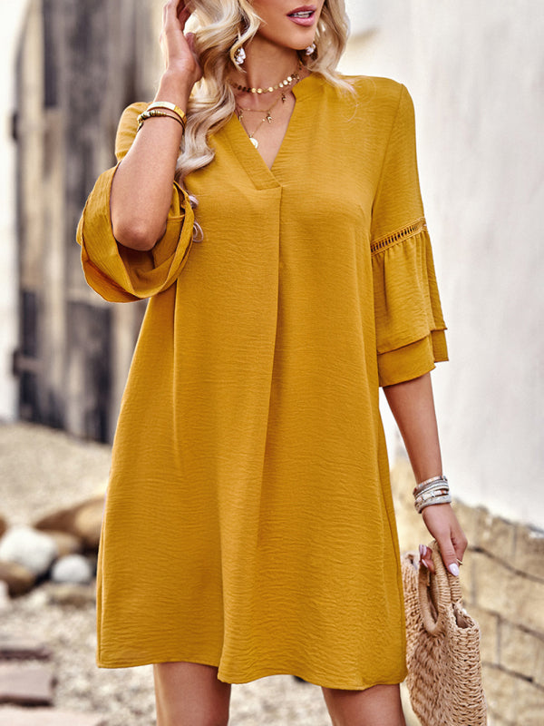 Loose V-Neck Solid Color Dress – Short Sleeve Casual Fit for Spring & Summer