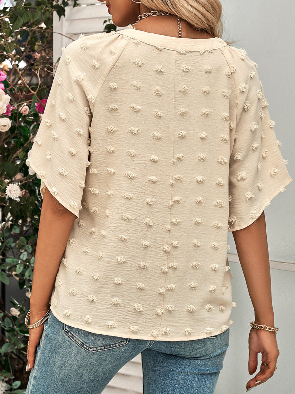 V-Neck Pom Pom Woven Top – Dropped Shoulder Short Sleeve Casual Tee