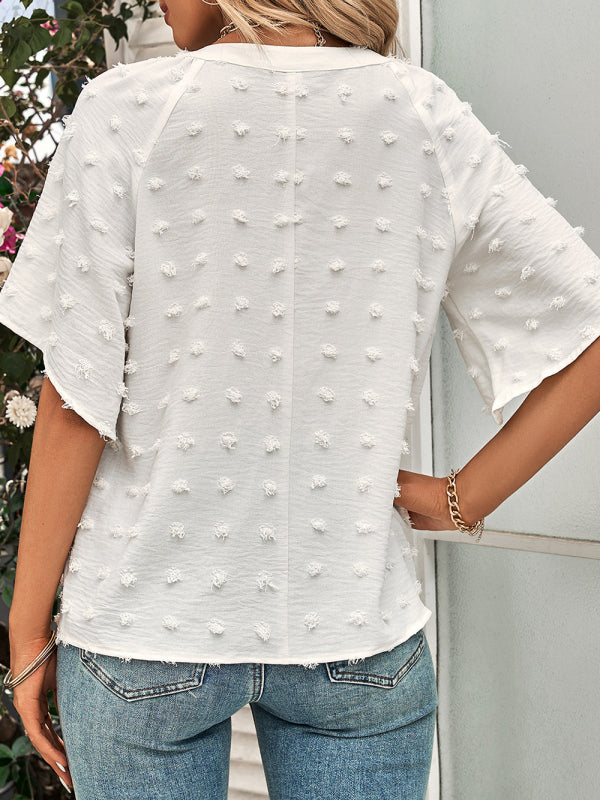 V-Neck Pom Pom Woven Top – Dropped Shoulder Short Sleeve Casual Tee