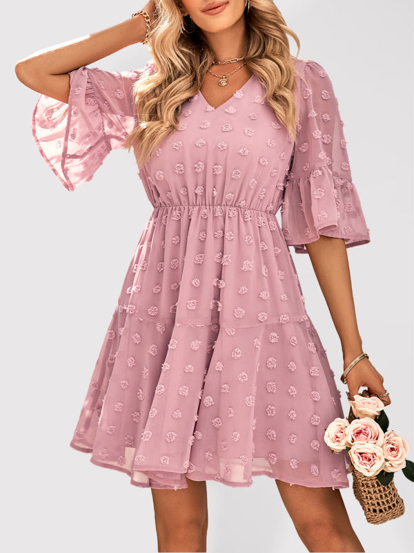 V-Neck Short-Sleeve Waist Dress – Solid Color, Graceful Fit for Spring/Summer