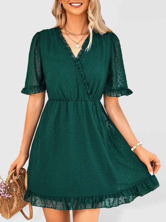 V-Neck Short-Sleeve Solid Color Dress with Fur Ball Detail – Graceful Spring Look
