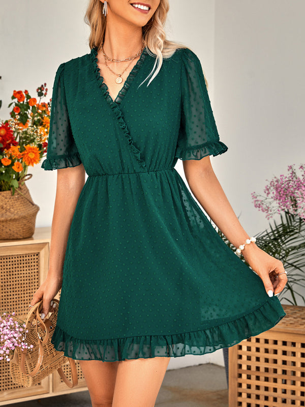 V-Neck Short-Sleeve Solid Color Dress with Fur Ball Detail – Graceful Spring Look