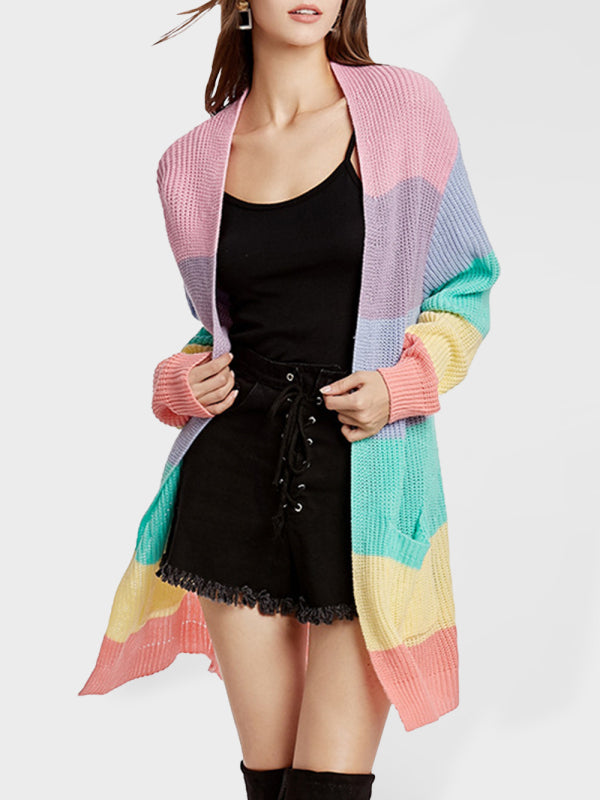 Rainbow Knit Long Cardigan Sweater for Women Pink