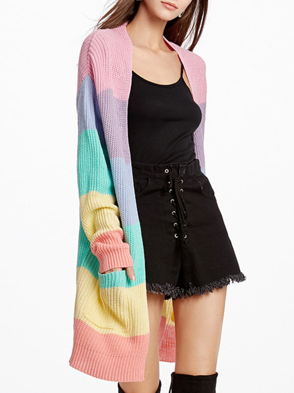 Rainbow Knit Long Cardigan Sweater for Women