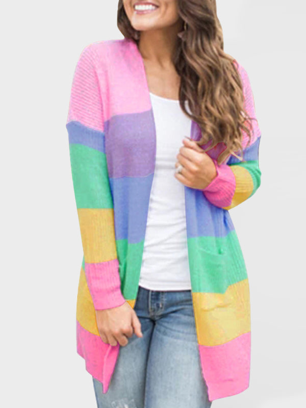 Rainbow Striped Knit Cardigan Pink