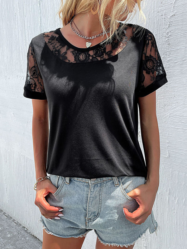 Women's lace hollow stitching top short-sleeved t-shirt