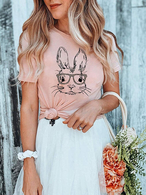 New Ladies Leopard Bunny Easter Explosion Style Urban Casual Short-sleeved T-Shirt Top