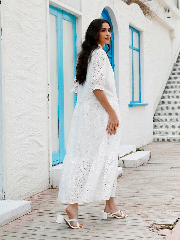 Boho V-Neck Printed Midi Dress – Short Sleeves, Cotton-Poly Blend